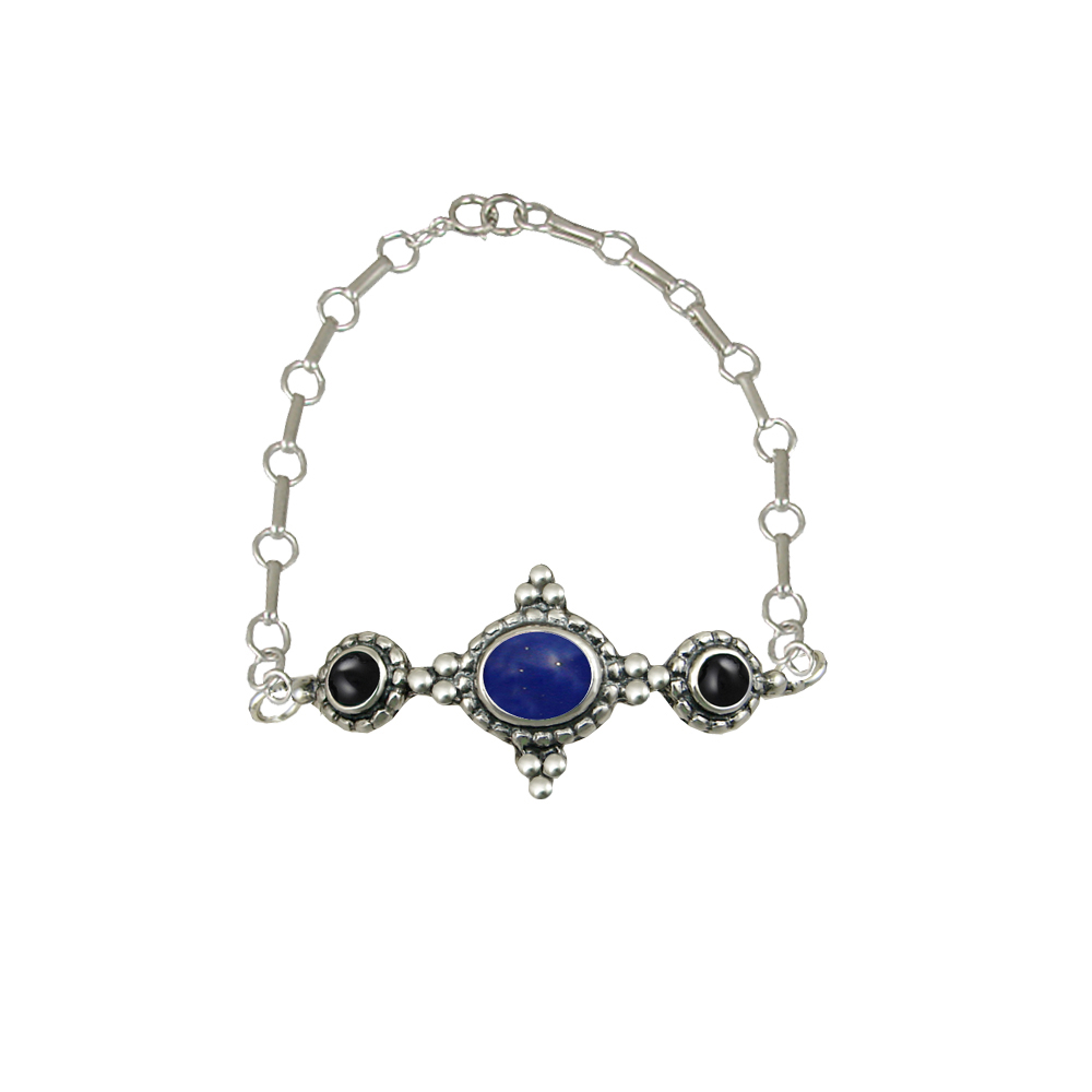Sterling Silver Gemstone Adjustable Chain Bracelet With Lapis Lazuli And Black Onyx